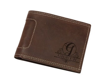 Engraved wallet with decorative stitching in landscape format made of genuine leather