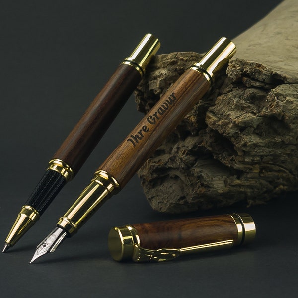 Roller/stylo plume avec gravure en bois | Stylo plume avec gravure avec étui cadeau et encrier