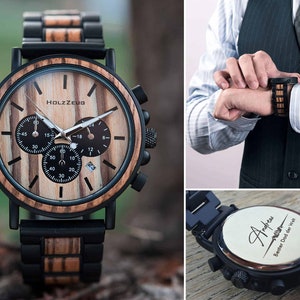 Men's wristwatch made of zebra wood with engraving • Handmade wooden watch • Personalized • Men's watch • Wristwatch for men