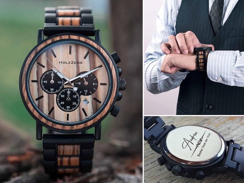 Men's wristwatch made of zebra wood with engraving Handmade wooden watch Personalized Men's watch Wristwatch for men image 1