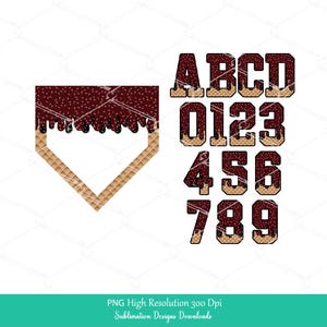 Peut inclure: Conception numérique représentant une forme de base de baseball avec une garniture semblable à du chocolat et une bordure texturée en gaufre. La conception comprend également les lettres A, B, C et D, et les chiffres 0 à 9, tous avec un design similaire au chocolat et à la gaufre.