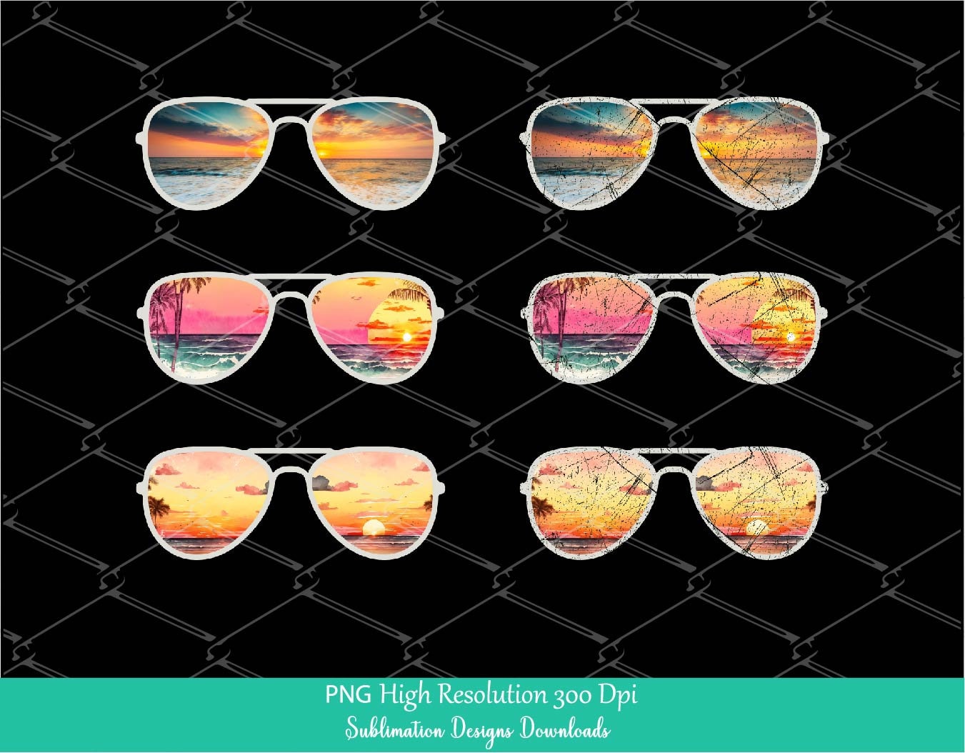Retro Summer Sunglasses PNG Bundle, Watercolor Beach Palm Tree Vintage pastel Glasses PNG Dtf Print, Distressed grunge Glasses Vacation