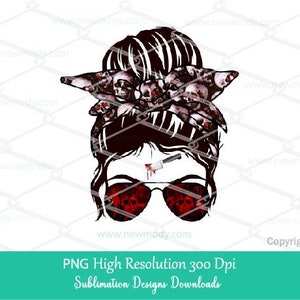 Horror Mom Life Sublimation PNG | Bloody hands Messy Bun Horror Life Sublimation PNG | bloody hands Halloween scary Mom life with sunglasses