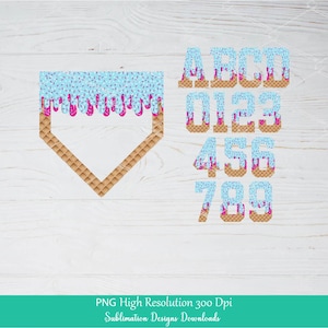 May include: A digital design featuring a baseball home plate shape with a blue ice cream topping and pink sprinkles. The design also includes the letters A, B, C, D and numbers 0 through 9, all with an ice cream cone design.