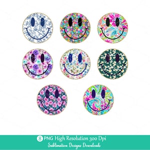 Floral Smiley Face PNG Bundle, Bright Vibrant colorful flowers Smile Faces with Gold Glitter Outline Happy Vibes Daisy Blue Chinoiserie