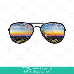 May include: Black sunglasses with a sunset reflected in the lenses. The sunset is over a body of water and has orange, pink, and purple hues.