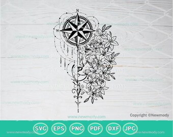 Floral half Lioness Face with Compass SVG | LionTattoo Svg | Boho art | Mystical Svg | Lily Flower | Lioness Head with flowers