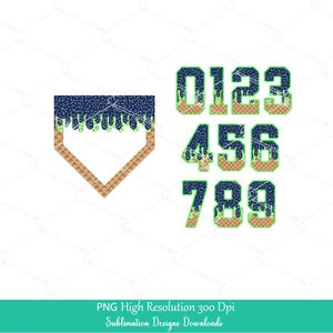 Sprinkle Drip Home Plate und Zahlen PNG Bundle Clipart, Navy & Lime Grün tropfende Eistüte Waffel Trendy Sport Baseball Softball