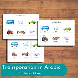12 Voertuigen Montessorikaarten in het Arabisch