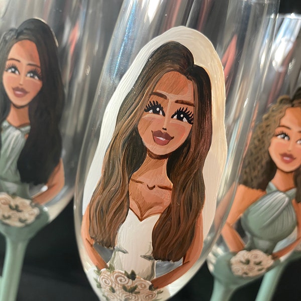 Custom glasses Bridal shower party Hand painted wine glasses Bachelorette party Bridesmaid gifts Wedding party gifts Bridesmaid portraits