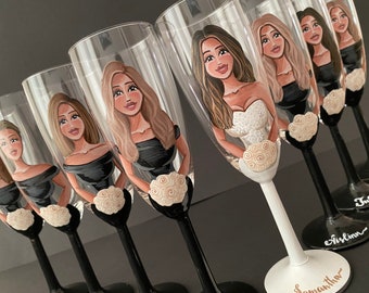 Personalized Glasses Wedding Art Unique Wine Glass Champagne Flute Bridal Wedding Gift Hand Painted Glasses Bachelorette Party Prosecco Art