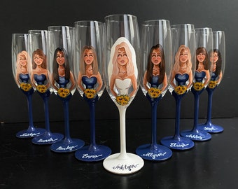 Custom champagne glasses Bridal shower Bridesmaid gifts Bachelorette party Wedding party gifts Bridesmaid portraits Personalized Hand paint