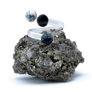 TRILOGY RING, LOVELY Silver Ring, Stunning Ring With Black Onyx, Gray Obsidian And White Howlite Stones With Impressive Design, Perfect Gift