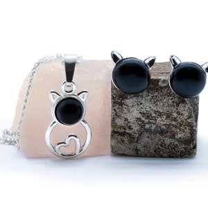BLACK CAT JEWELRY Set | Onyx Cat Necklace and Earrings | Cat Lover Gift | Black Gemstone Jewelry for Women | Cat Pendant Set Handmade