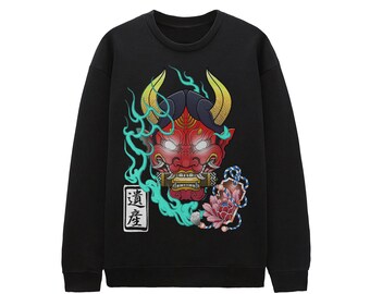Demon Oni Japanese Wave Hannya mask Lotus Flower Sweatshirt Japanese Streetwear Clothing Aesthetic Anime Grunge Unisex Heavy Crewneck