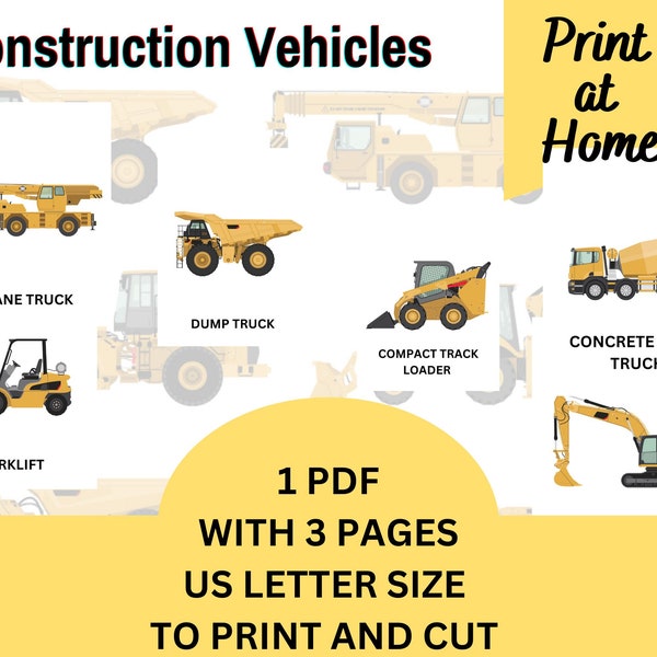 Constrution Vehicles Flashcards, Heavy equipment, toddler flashcard, Montessori, Educational Flashcards