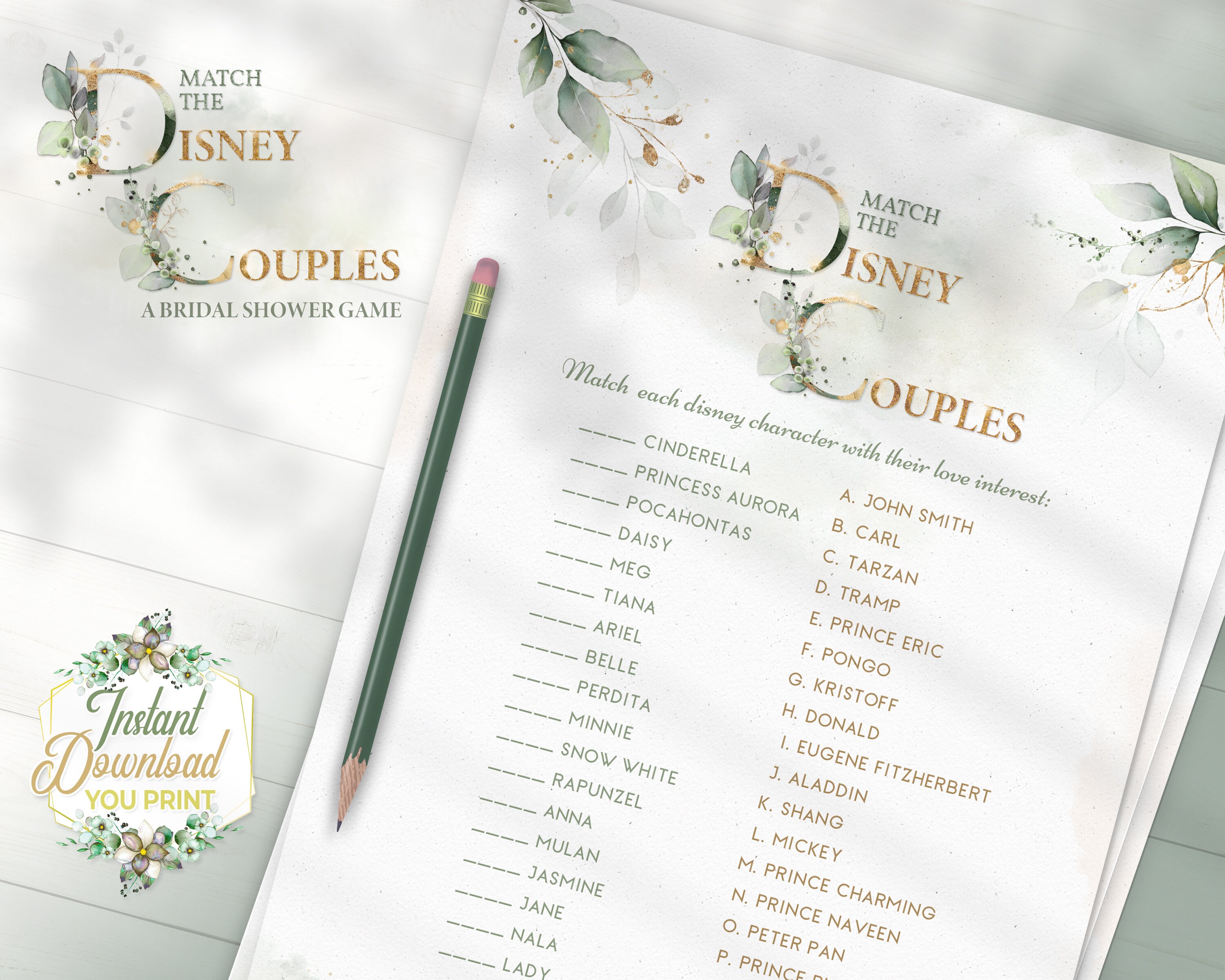 Disney Couples Printable Bridal Shower Game Match the Disney | Etsy