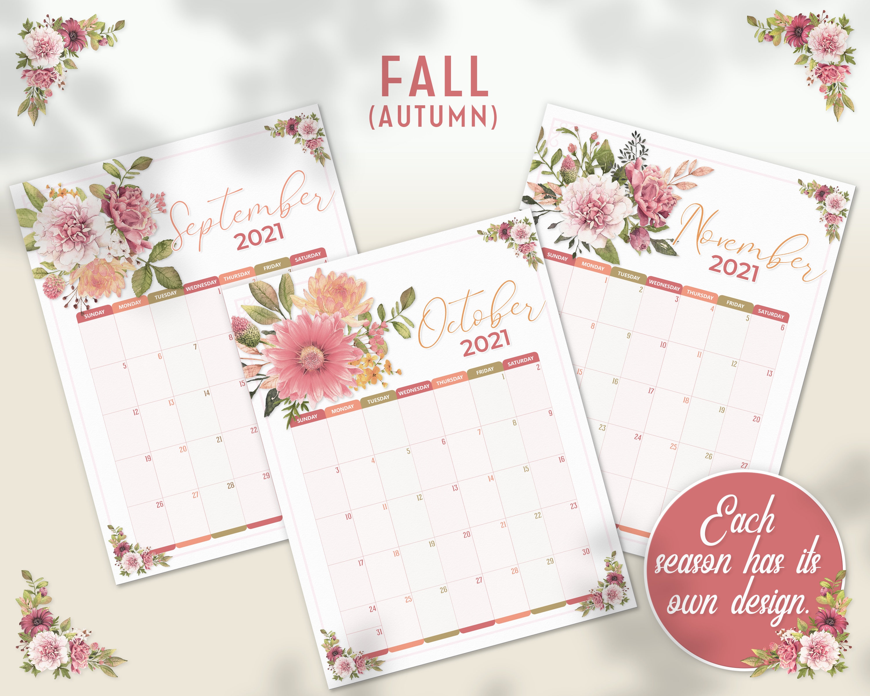 Free Floral Printable Calendar 2023 Flowers Calendar Printable 2021 2022 2023 Monthly Etsy