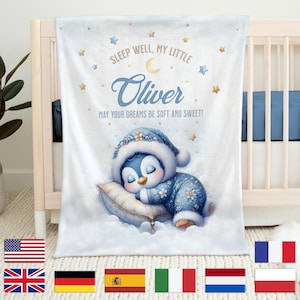 Personalisierte Babydecke Pinguin | Schlafdecke Baby Kinder | Decke mit Namen | Personalisierbare Decke zur Geburt | Kinderdecke