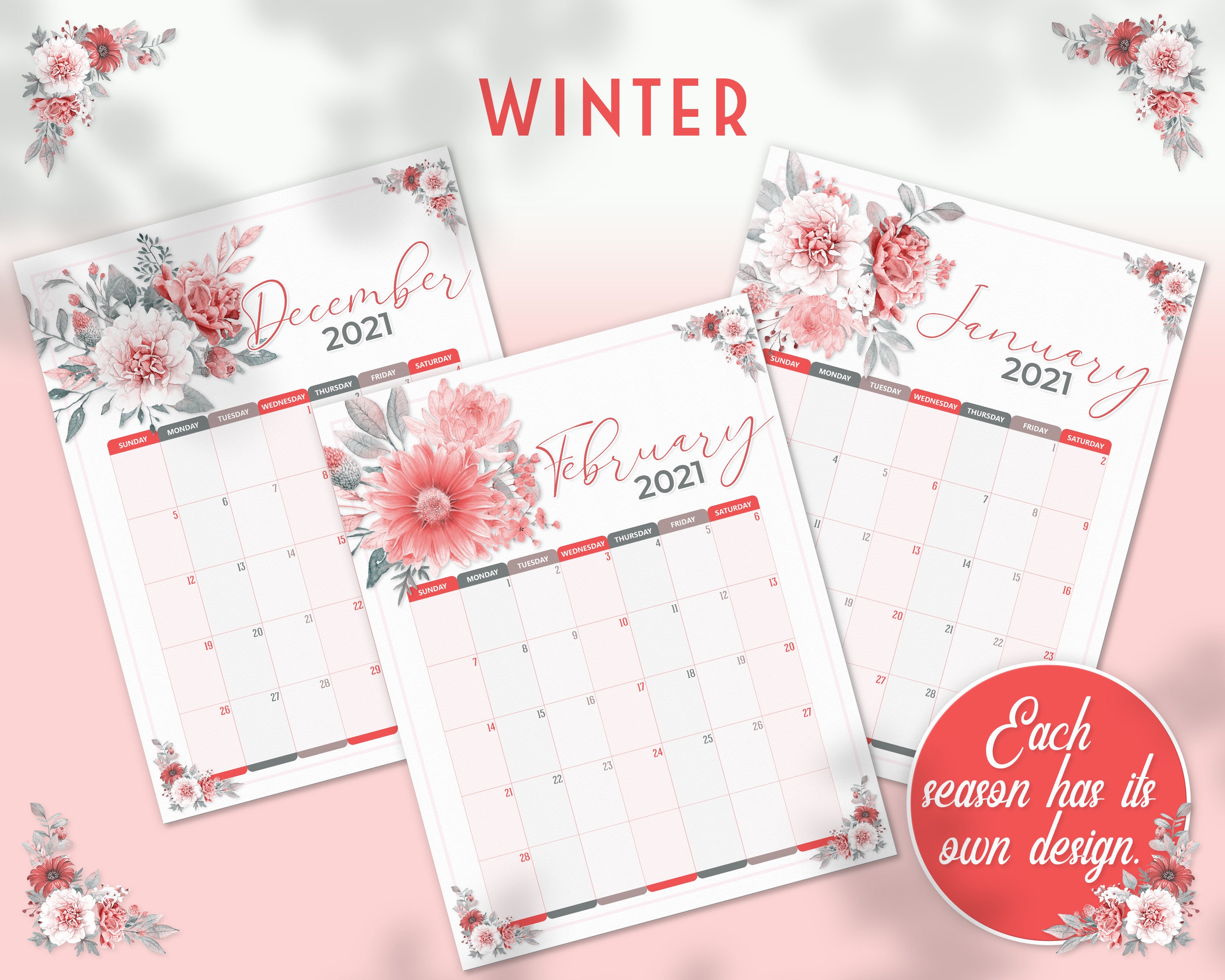 2023 Floral Calendar Flowers Calendar Printable 2021 2022 2023 Monthly Etsy