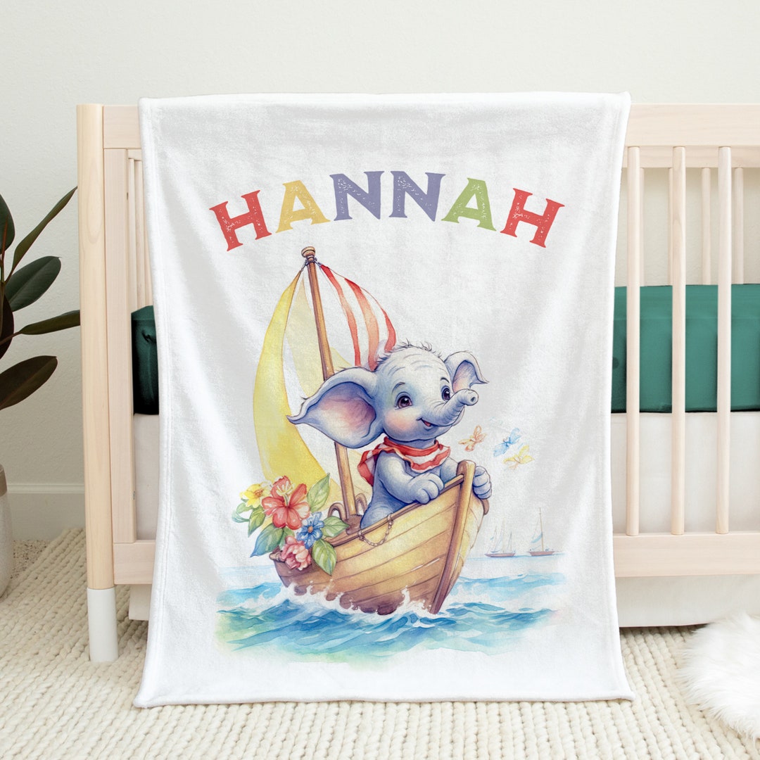 Cute Baby Elephant Girl in Sailboat Personalized Baby Blanket Baby