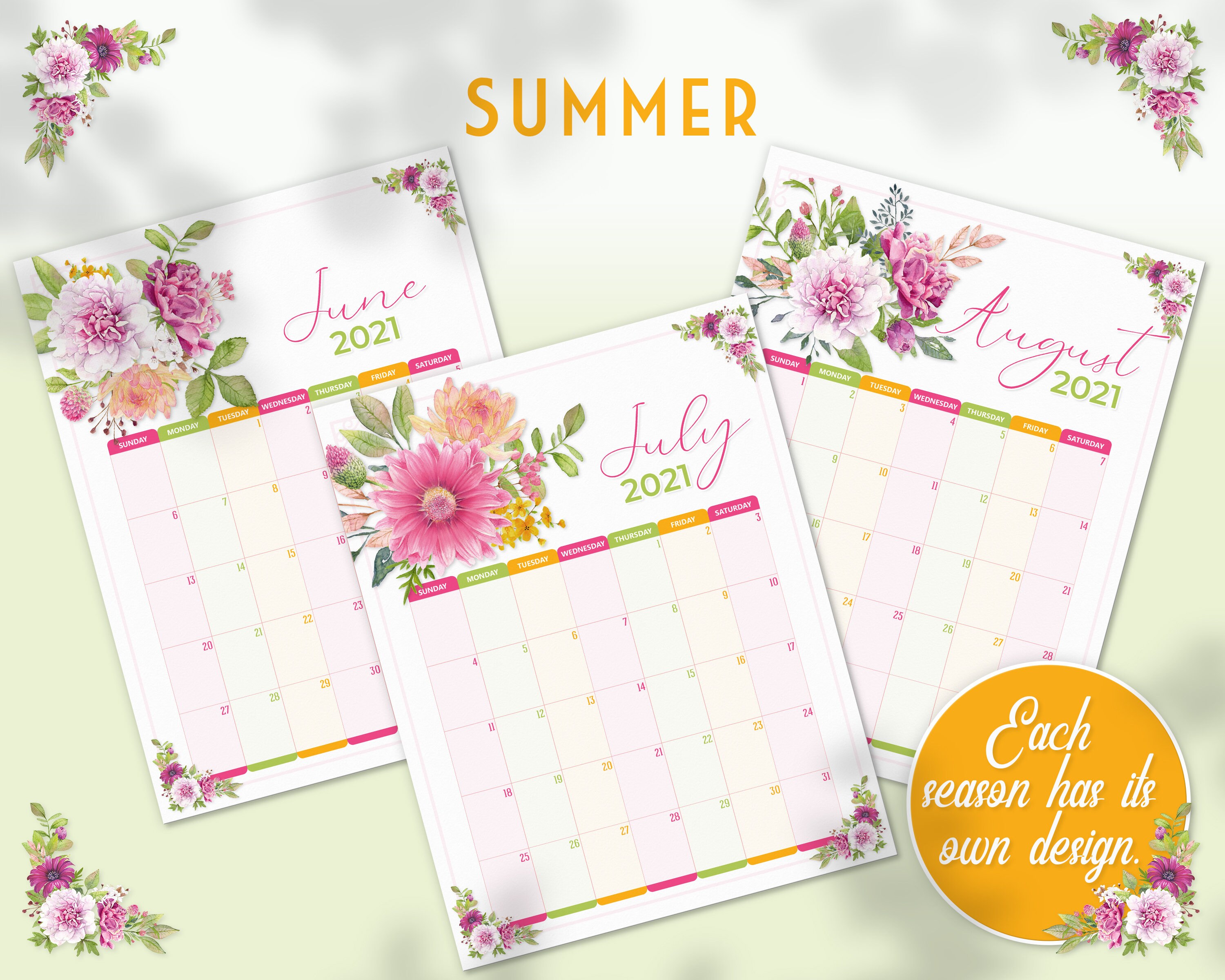 Free Floral Printable Calendar 2023 Flowers Calendar Printable 2021 2022 2023 Monthly Etsy