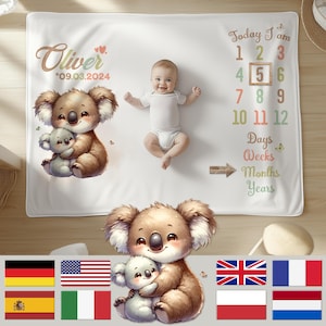 Personalized baby milestone blanket | Koala mother with child | Customizable with name and date of birth | 3 sizes