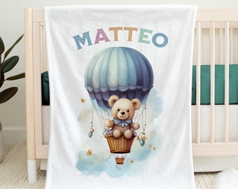 Cute Teddy Bear Baby Boy in Air Balloon | Personalized Baby Blanket | Baby Blanket with Name | Personalizable Boys Blanket | 15 Sizes
