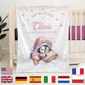 Personalisierte Babydecke Pinguin | Schlafdecke Baby Kinder | Decke mit Namen | Personalisierbare Decke zur Geburt | Kinderdecke
