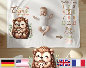 Personalized baby milestone blanket | Hedgehog mother with child | Unisex | Customizable with name and date of birth | 3 sizes