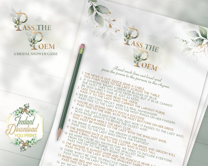Pass the Poem Printable Bridal Shower Game Gift Passing Etsy
