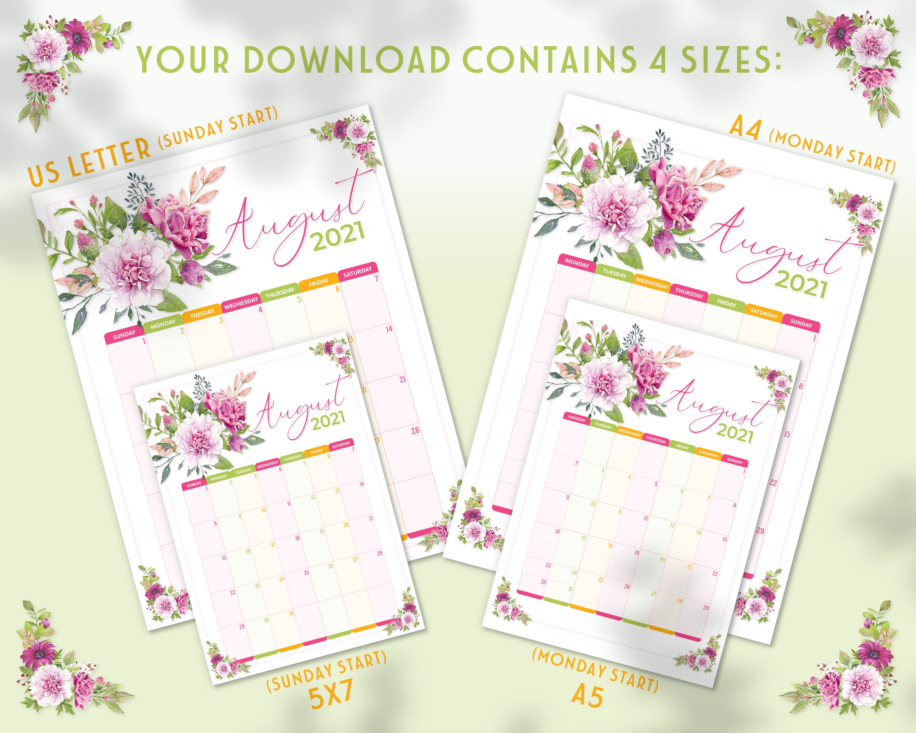 2023 Floral Calendar Flowers Calendar Printable 2021 2022 2023 Monthly Etsy