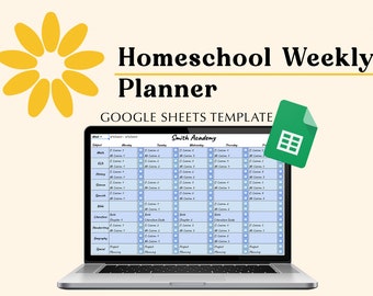 May include: A laptop computer displaying a Google Sheets template for a homeschool weekly planner. The template is titled "Smith Academy" and includes columns for each day of the week, as well as rows for different subjects. The template is designed to help homeschool families organize their weekly schedule.