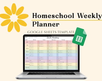 May include: A laptop screen displaying a Google Sheets template for a homeschool weekly planner. The template is titled "Smith Academy" and includes subjects like Math, ELA, History, Science, Spanish, Bible, Literature, Handwriting, and Geography. The template is color-coded with different colors for each subject.