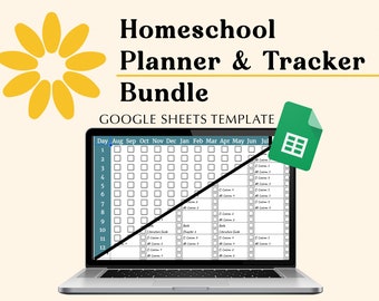 Puede incluir: Un ordenador portátil que muestra una plantilla de Google Sheets para un planificador y un rastreador de la escuela en casa. La plantilla incluye un calendario con casillas de verificación para cada día del mes y columnas para diferentes materias. El logotipo de Google Sheets está en la esquina superior derecha de la imagen.