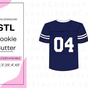 May include: Digital download STL cookie cutter design. The image shows a navy blue football jersey with the number 04 in white. The text on the left side says "STL Cookie Cutter" and lists available sizes from 2" to 4.5".