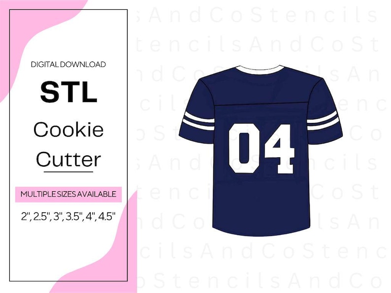 Op de afbeelding: Digitale download STL cookie cutter ontwerp. De afbeelding toont een marineblauw voetbalshirt met het nummer 04 in wit. De tekst aan de linkerkant zegt "STL Cookie Cutter" en geeft de beschikbare maten van 5,08 cm tot 11,43 cm weer.