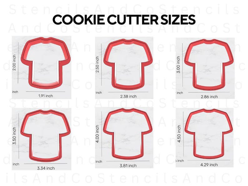 Op de afbeelding: Zes rode plastic koekjessnijders in de vorm van een t-shirt, met hoogtes vari&euml;rend van 5,08 cm tot 11,43 cm. De afbeelding bevat de tekst "COOKIE CUTTER SIZES".