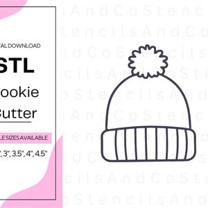 May include: A digital download STL cookie cutter design of a winter hat with a pom-pom. The hat has a ribbed brim and is available in multiple sizes: 5.08cm, 6.35cm, 7.62cm, 8.89cm, 10.16cm, and 11.43cm.