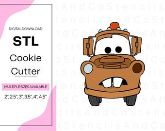 May include: A brown cartoon car cookie cutter. The image includes the text "STL Cookie Cutter" and "Multiple Sizes Available" with sizes ranging from 2" to 4.5". The design is a digital download.
