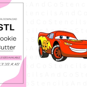 May include: Digital download STL cookie cutter featuring a red cartoon race car with the number 95 and the word "LIGHTYEAR" on the tire. Available in multiple sizes: 2", 2.5", 3", 3.5", 4", and 4.5".