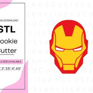 May include: Digital download STL cookie cutter featuring the Iron Man mask design in red and yellow. The image includes text indicating multiple sizes available: 2", 2.5", 3", 3.5", 4", and 4.5".