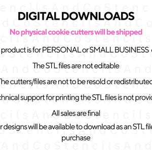 Op de afbeelding: Witte achtergrond met de tekst "DIGITALE DOWNLOADS" in zwart. Extra tekst in roze en zwart geeft aan dat er geen fysieke koekjessnijders worden verzonden en andere verkoopvoorwaarden.