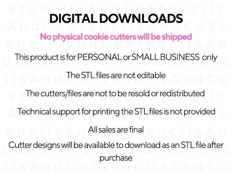 Op de afbeelding: Witte achtergrond met de tekst "DIGITALE DOWNLOADS" in zwart. Extra tekst in roze en zwart geeft aan dat er geen fysieke koekjessnijders worden verzonden en andere verkoopvoorwaarden.