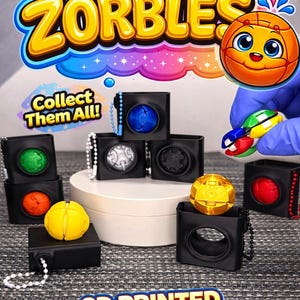 Puede incluir: Imagen promocional de "Zorbles" con bolas fidget impresas en 3D de colores. La imagen incluye el texto "Collect Them All!" y "3D Printed Fidget Ball!" Varias bolas de colores se muestran en soportes cuadrados negros.