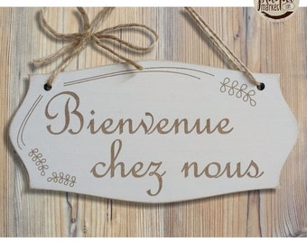 Bienvenue Chez Nous Plaque de Porte en Bois Pancarte d'entrée Panneau à Suspendre Décoration de Maison Cadeau