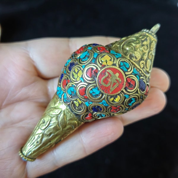 Old Tibet Filigree Agate Dzi Painting Dragon Beast conch sea snail trumpet shell, Amulet For Money Lucky Powerful Wedding Decoration PF374