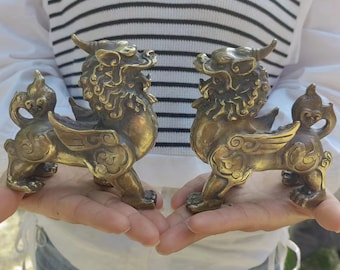 Pair Copper Chi Lin Statue (Qi Lin) beast Figurine, the Sacred Dragon  in Feng Shui Decor,Attract Positive Energy Pakua Kei Loon Qilin pf624
