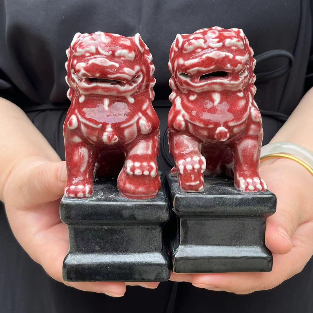 Pair Beijing Lions Fu Foo Dogs Lion Statues Red Ceramic Feng Shui Decor ...