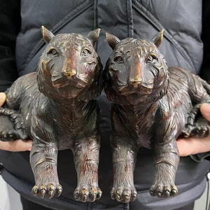 Pair Brass Wildcat Statue Siberian Tiger Design Handmade Figure Showpiece Decor Recumbent Big cat Retro Good Luck Housewarming christmas 154